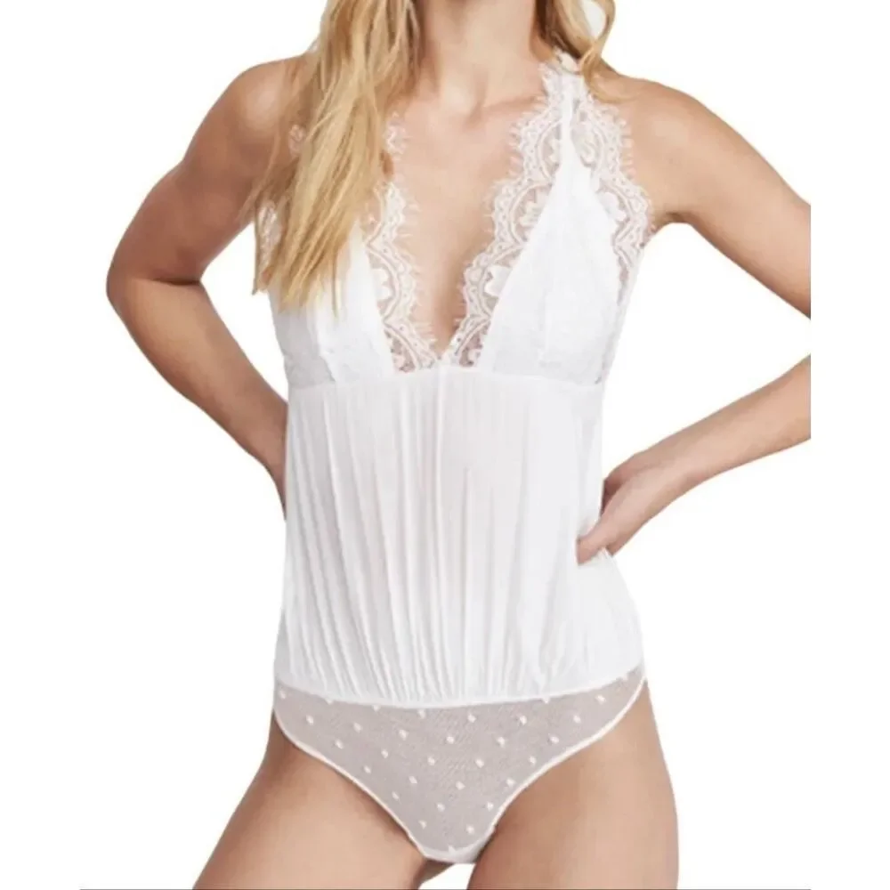 Free People Melrose Bodysuit Lace Inlay Satin White size S